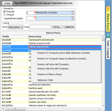 schermata preventivi: inserimento di nuove voci dall'elenco dei computi